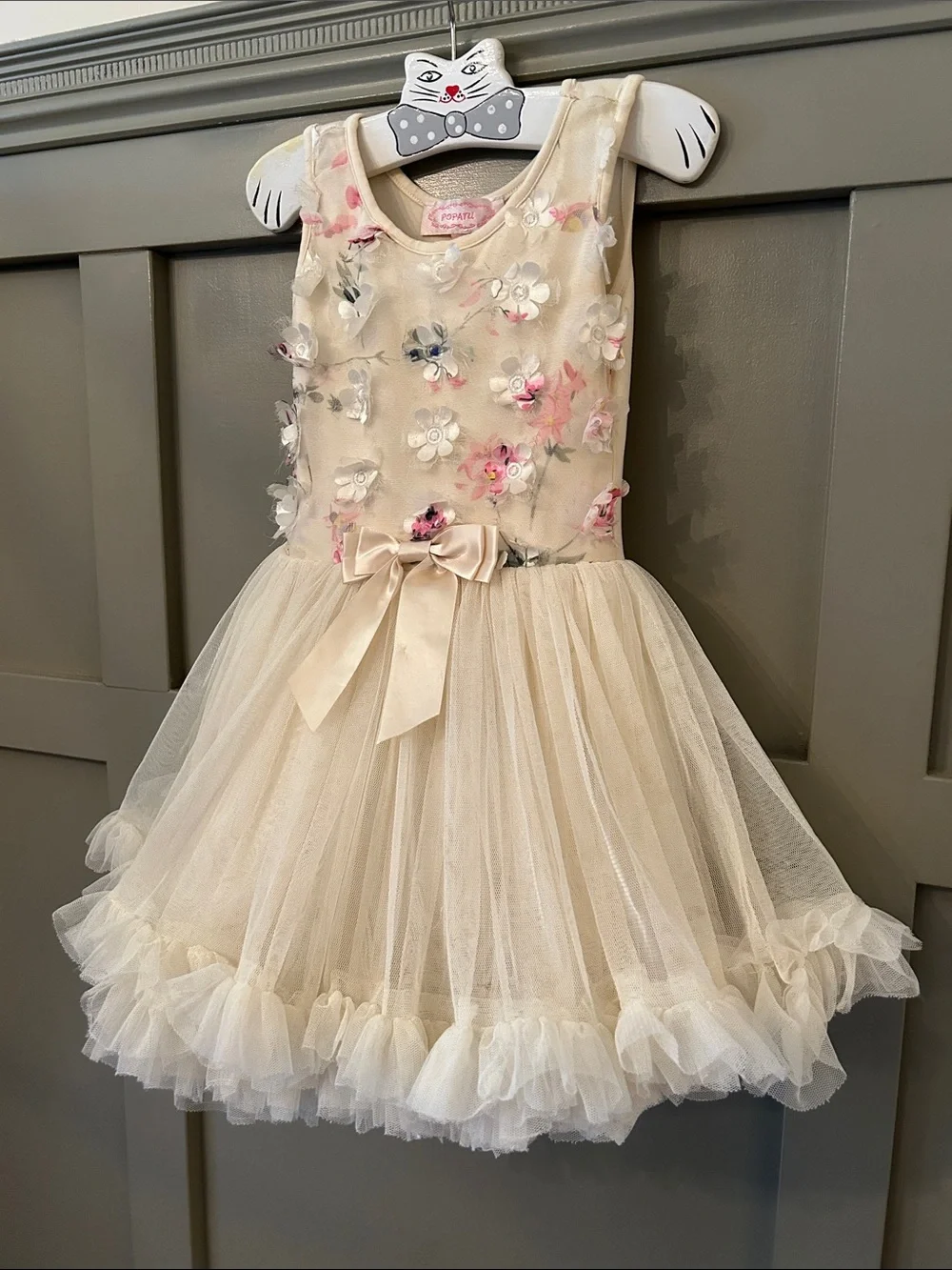 Popatu 3D Floral Dress Tutu Formal Flower Girl Ivory Cream Size 2T / 3T
